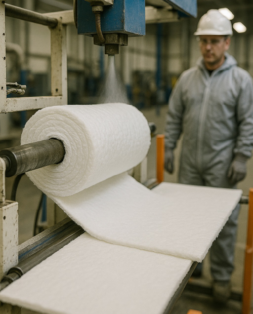 Aerogel_production-01 Aerogel blanket roll being processed on production line; worker behind